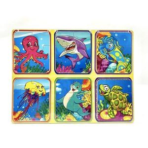 Set din lemn cu 6 puzzle incorporate - Animale marine, 7Toys imagine