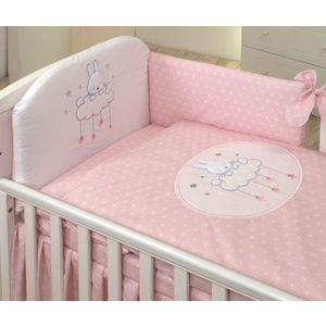Set lenjerie din bumbac cu protectie laterala pentru pat bebelusi Sky Bunny Pink 120 x 60 cm imagine