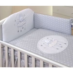Set lenjerie din bumbac cu protectie laterala pentru pat bebelusi Sky Bunny Grey 120 x 60 cm imagine