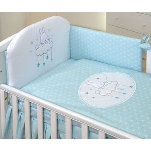 Set lenjerie din bumbac cu protectie laterala pentru pat bebelusi Sky Bunny Turquoise 120 x 60 cm imagine