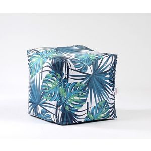 Fotoliu taburet cub mediu frunze tropicale mic imprimat pretabil si la exterior umplut cu perle polistiren imagine