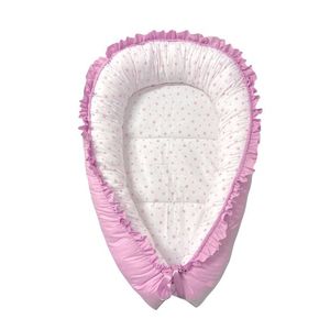 Cuib pentru bebelusi cu desfacere si volanase roz pal - stelute roz pal pe alb imagine