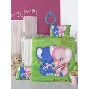 Lenjerie de pat pentru copii, Victoria, Elephant, 4 piese, 100% bumbac ranforce, verde/albastru imagine