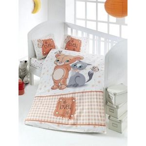 Lenjerie de pat pentru copii, Victoria, Mause and Cat, 4 piese, 100% bumbac ranforce, maro/alb imagine