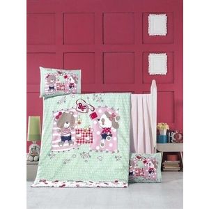 Lenjerie de pat pentru copii, Victoria, Sleepy, 4 piese, 100% bumbac ranforce, verde/rosu imagine