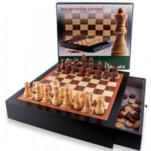 Chess and checkers in black wooden case imagine