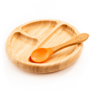 Set diversificare copii farfurie si lingurita din bambus Oaki portocaliu imagine