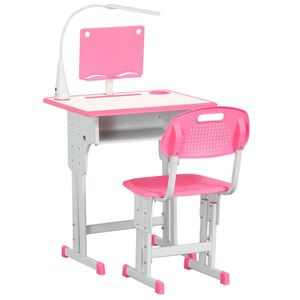 Banca cu scaun pentru copii 6-12 ani cu pupitru, suport stilou, carlig si lampa roz HOMCOM | Aosom RO imagine