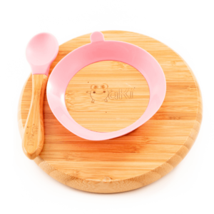Set diversificare copii farfurie si lingurita din bambus Oaki roz imagine