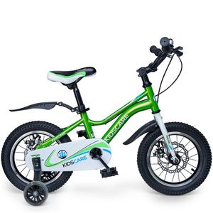 Bicicleta pentru copii 2-4 ani KidsCare HappyCycles 12 inch cu roti ajutatoare si frane pe disc verde imagine