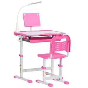 Banca scoala cu scaun HOMCOM pentru copii de 6-12 ani, inaltime reglabila, lampa LED, otel si MDF, roz | Aosom RO imagine