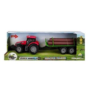 Tractor rosu cu remorca cu lemne, cu lumini si sunete, Maxx Wheels, 44 cm imagine
