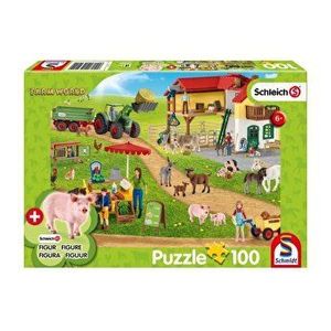 Puzzle Schmidt - Schleich - Farm World - Ferma si piata, 100 piese + figurine animale cadou imagine