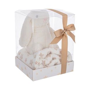 Set cadou pentru copii patura 90x75 cm + jucarie iepure 20 cm, Box Star W-Rabbit, Bizzotto, plus/poliester, bej/alb imagine