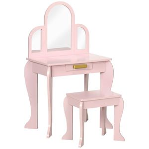 HOMCOM Masa cu oglinda si taburet, set de vanitate pentru copii, birou de machiaj pentru fete cu sertar pentru copii de 3-6 ani, roz | AOSOM RO imagine
