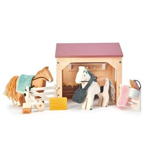 Set figurine din lemn, Grajd cu cai, pentru Casute de papusa, Tender Leaf Toys, 13 piese imagine