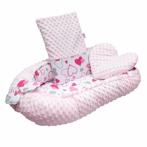 Set 3 piese New Baby Luxury Baby Nest cu paturica si pernuta in forma de inima Minky Hearts Pink imagine