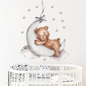 Sticker decorativ pentru copii autoadeziv Ursulet de plus pe luna 72x57 cm imagine