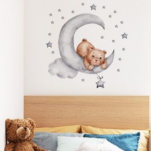 Sticker decorativ pentru copii autoadeziv Ursulet de plus intins pe luna 62x60 cm imagine