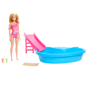 Set de joaca cu papusa Barbie, piscina cu tobogan si accesorii, HRJ74 imagine