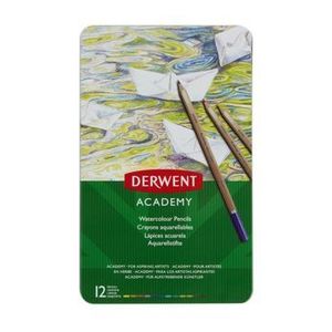Creioane acuarela Derwent Academy, cutie metalica, 12 buc/set, diverse culori imagine