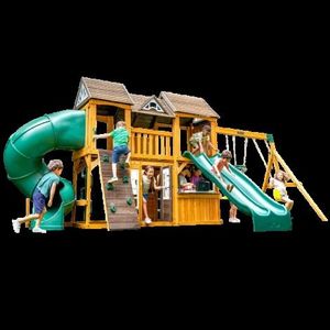 Complex de joaca din lemn, max 10 copii, 3 leagane, 3 tobogane, Adventure Bend Swing Set, Cedar Summit F29720 imagine