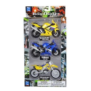 Set 3 motociclete metalice, New Ray, Suzuki Yamaha Suzuki, 1: 18 imagine