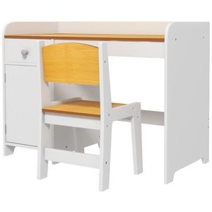 Masa de birou ZONEKIZ pentru copii cu scaun, birou de scoală pentru copii de 3-6 ani din lemn cu sertar si scaun asortat, alb | Aosom RO imagine