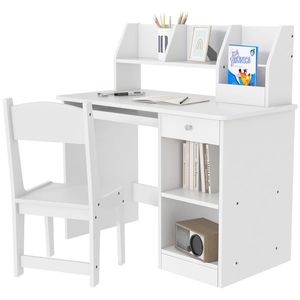 Masa de birou pentru copii ZONEKIZ cu scaun, birou de scoală pentru 5-8 ani din lemn cu poliță și scaun, alb ZONEKIZ | Aosom RO imagine