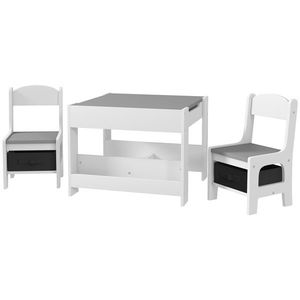 HOMCOM 3PCs Kids Table and Chair Set with Blackboard, Storage, Bookshelves, Grey imagine