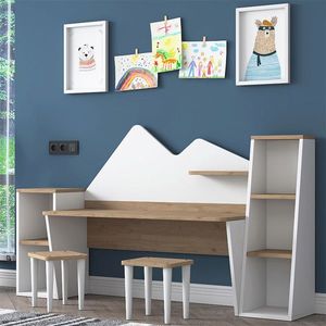 Set birou si 2 taburete pentru copii Bubble, Pakoworld, 180x45x93.5 cm, PAL melaminat, alb/maro imagine