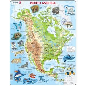 Puzzle 66 piese - Maxi - Harta Fizica si Animalele din America de Nord | Larsen imagine