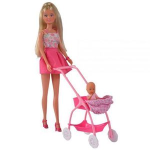 Papusa Simba Steffi Love Baby Walk 29 cm roz cu carucior si accesorii imagine