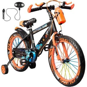 Bicicleta copii cu far si claxon inclus, roti ajutatoare si bidon, Action One, Nova, 18 inch, Orange imagine