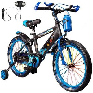 Bicicleta copii cu far si claxon inclus, roti ajutatoare si bidon Action One, Nova II, 18 inch, Albastru imagine