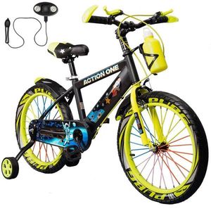 Bicicleta copii cu far si claxon inclus, roti ajutatoare si bidon Action One, Nova II, 18 inch, Verde neon imagine