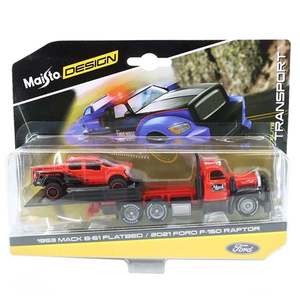 Transportor si masinuta Maisto Design, Elite Transport, 1953 B-61 Mack Flatbed si 2021 Ford Raptor, 1: 64 imagine