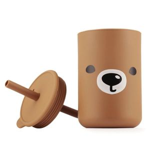 Cana din silicon cu capac si pai 200 ml Kidnort Teddy Bear Brown imagine