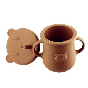 Cana din silicon cu manere capac si pai 200 ml Kidnort Teddy Bear Brown imagine