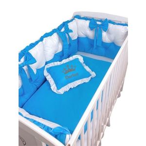 Lenjeria de pat Personalizata cu 4 perne aparatori matlasate, cearceaf cu volanas, pilota si pernuta 120x60 cm albastru turquoise imagine