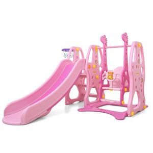 Spatiu de joaca Nichiduta Giraffe Pink 3 in 1 cu leagan, tobogan si cos de baschet imagine