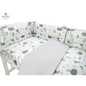 Lenjerie patut 3 piese cu protectie laterala Forest friends GreyMint din bumbac pentru patut 120x60 cm imagine