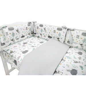 Set lenjerie patut 5 piese cu pilota si perna din bumbac pentru patut 120x60 cm forest friends mint MimiNu imagine