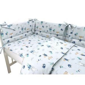 Lenjerie patut 3 piese cu protectie laterala Qmini 120x60 cm Fox and Rabbit Blue imagine