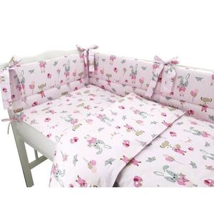 Lenjerie patut 3 piese cu protectie laterala Qmini 120x60 cm Fox and Rabbit Pink imagine