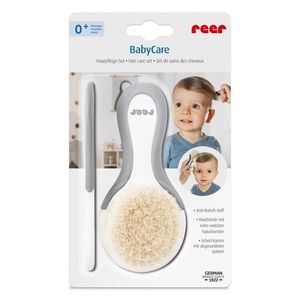 Set perie si pieptene ingrijire bebelusi cu par natural de capra alb cu gri BabyCare Hair Reer 81070 imagine