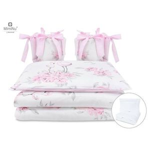 Set lenjerie patut MimiNu cu 6 piese cu pilota si perna cu doua aparatori laterale din bumbac pentru patut 120x60 cm Peonie Pink imagine