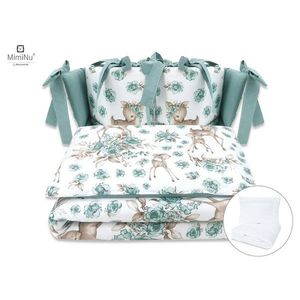 Set lenjerie patut MimiNu cu 6 piese cu pilota si perna cu doua aparatori laterale din bumbac pentru patut 120x60 cm Sweet Deer Mint imagine