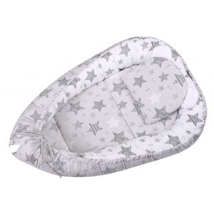 Baby Nest 3 in 1 din bumbac cu salteluta si pernuta inclusa Grey Stars imagine