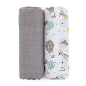 Set 2 scutece PetiteMars din muselina de bambus Misty Grey Planes hipoalergenice 120 x 120 cm multicolor imagine